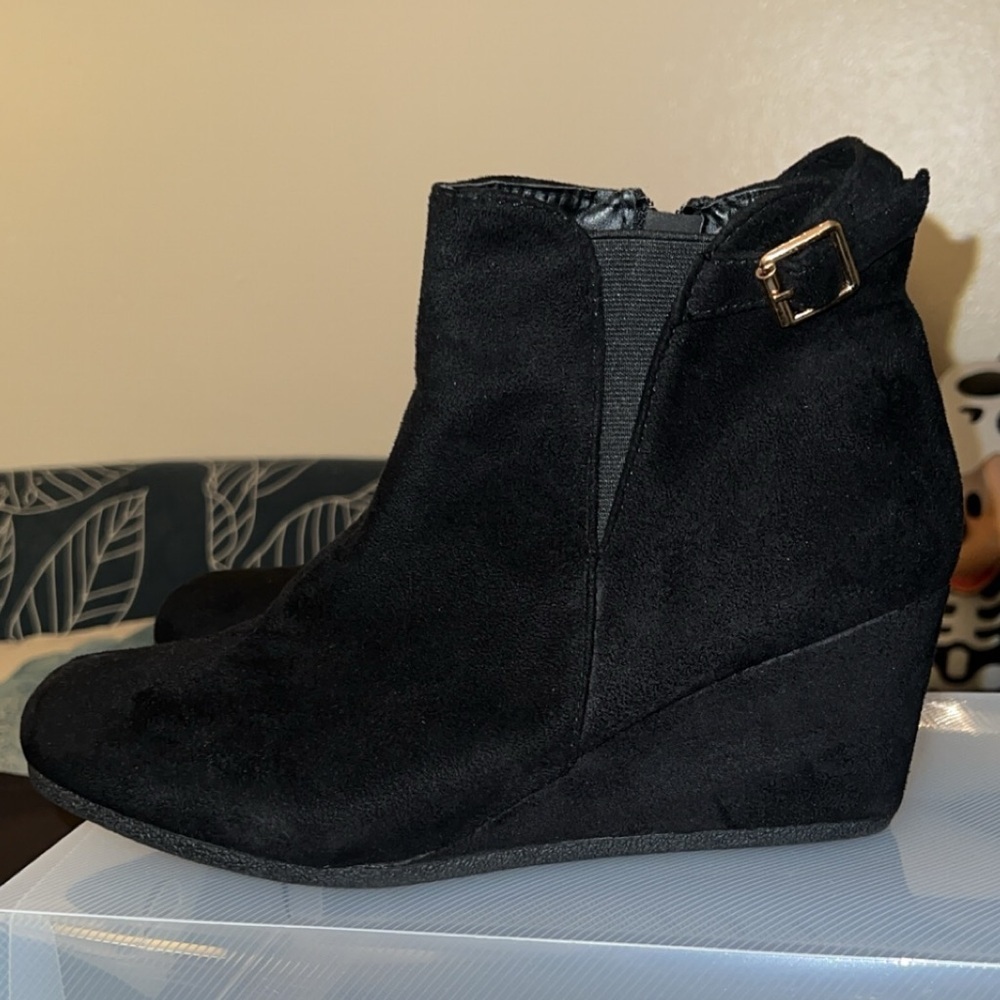 Women's Black Ankle Booties Low Wedge Heels Boot